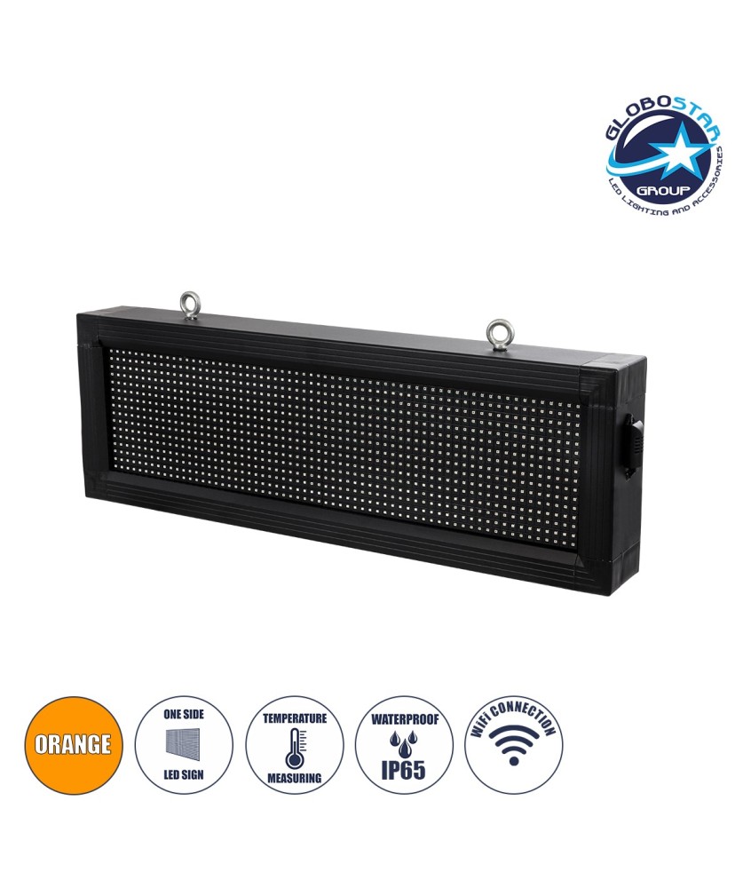 GLOBOSTAR® DISPLAY 90309 Κυλιόμενη Ψηφιακή Επιγραφή 64x16cm P10 Μονής Όψης LED AC 220-240V Αδιάβροχο IP65 Πορτοκαλί - WiFi Control μέσω FK APP - Αισθητήρας Θερμοκρασίας & Υγρασίας - Μ72 x Π9 x Υ24cm - 2 Χρόνια Εγγύηση